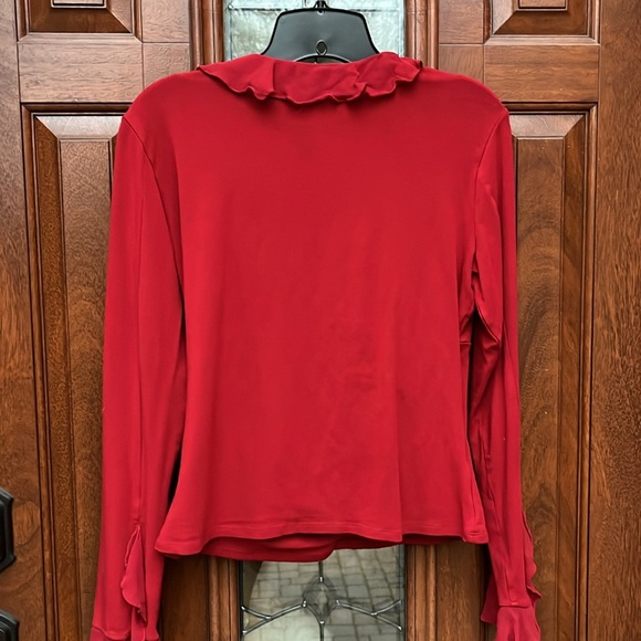 Cache Red Faux Suede Surplice Wrap Top with Ruffle Trim Sz L - Picture 3 of 12